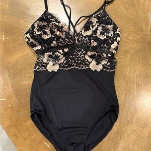 Auden Black Bodysuit with Champagne Floral Lace